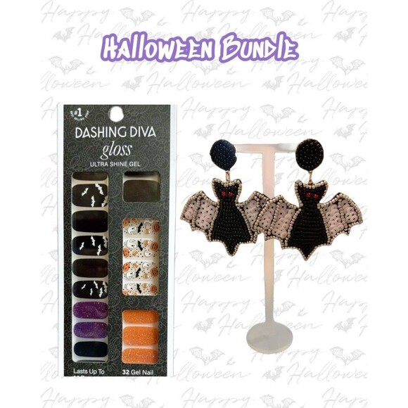 🎃 HALLOWEEN BUNDLE Dashing Diva Gloss Gel Nail Strips & Beaded Bat Earrings NWT - Picture 1 of 5